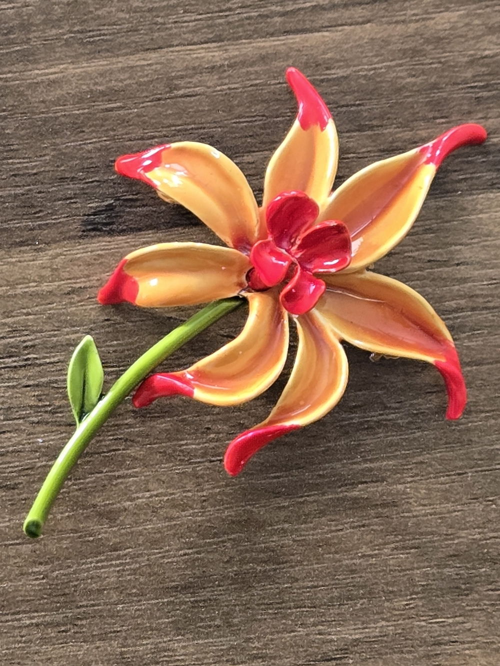 Vintage Orange and Red Enamel Flower Brooch By MODE- ART